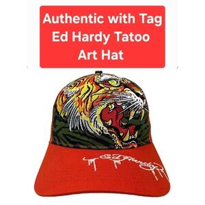 NEW Ed Hardy Trucker Hat Embroidered Tattoo Screaming Tiger Orange Snapback Mesh